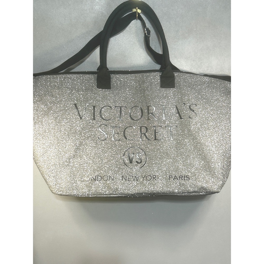Victorias Secret Limited Edition Silver Glitter Logo Tote Bag Travel Gym 25x13